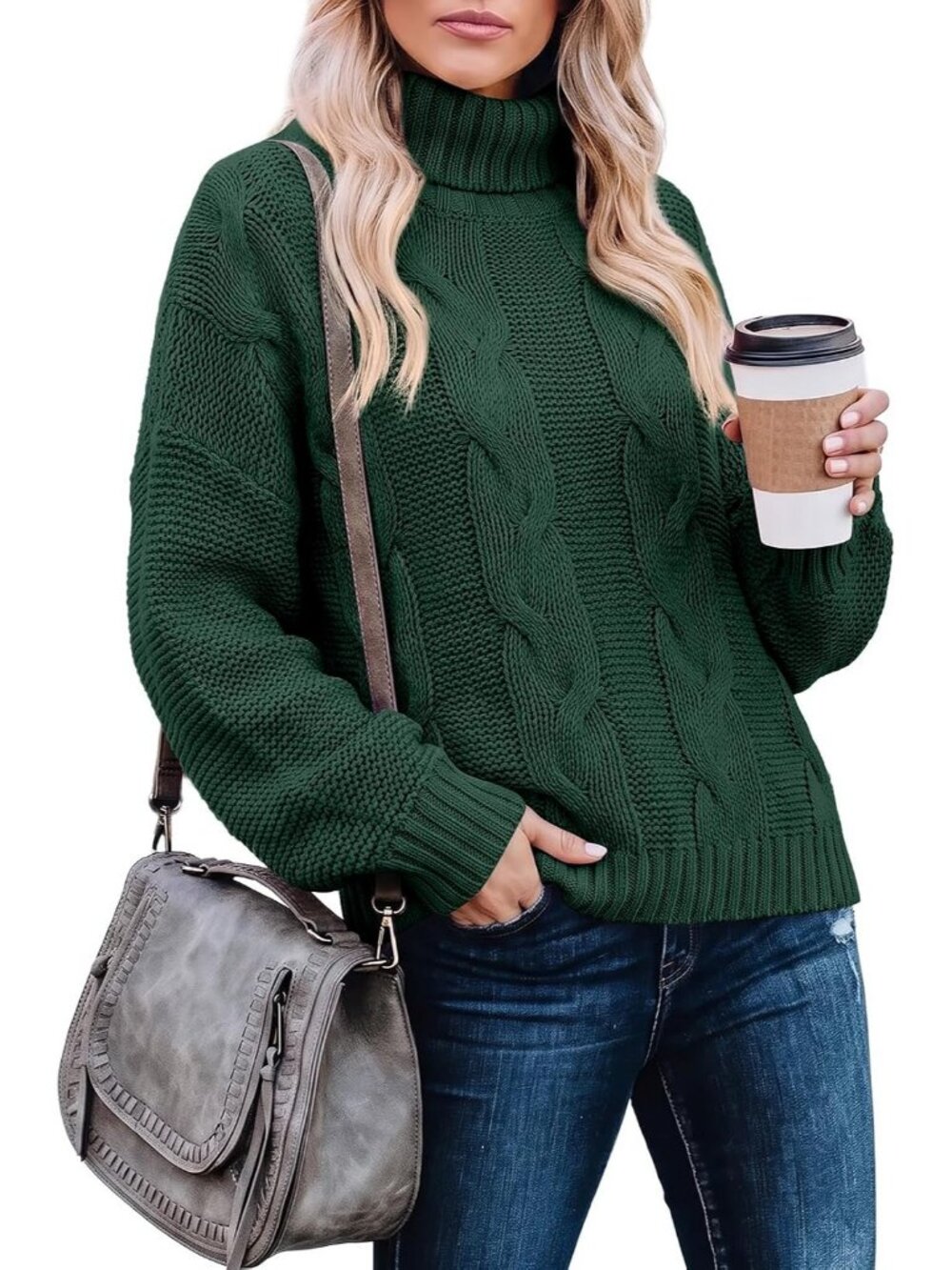 Women's Green Luxury Style Loose Fit Cable Knit Chunky Turtleneck Sweaters
